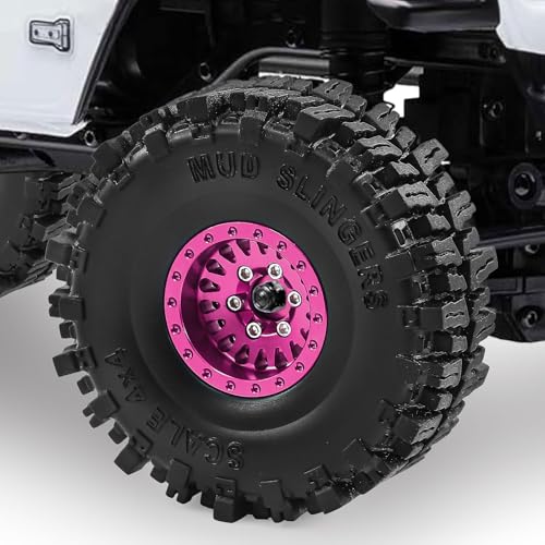 1.0" Aluminium Beadlock Wheels and Tires 64x23mm for 1/24 Axial SCX24, 1/18 TRX4M RC Crawler – Upgrade Parts (Pink, 4pcs) - color: Pink