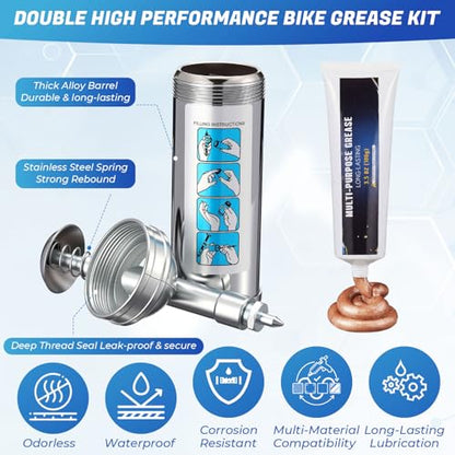 Mini Grease Gun Kit with 2 Tubes, 3 oz Steel Small Grease Gun for Bicycle Bike Chains Bearings Pedals, Lawn Mower, Air Tools and Garden Equipment