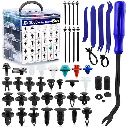 Car Push Retainer Clips 1045PCS Auto Fasteners Assortment-30 Most Popular Sizes Nylon Bumper Fender Rivets with 10 Cable Ties and Blue Fastener Remover for Ford GM Toyota Honda Chrysler Benz Nissan - size: Car Clips 1045PCS-Blue