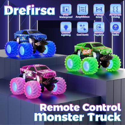 Drefirsa Waterproof Remote Control Monster Truck, Remote Control Car Toy | Amphibious, 4WD All Terrain RC Truck with Colorful Light, RC Stunt Car Toy for 6 7 8 9 10 11 12 Year Old Boy Birthday Gift - color: Blue