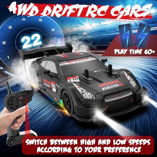 RC Drift Car 1:20 Scale Remote Control Cars 2.4GHz 4WD High Speed RTR Racing Vehicle with LED Lights 2 Rechargeable Batteries and Drifting Tires Racing Sport Toy Car for Adults Kids Boys Girls - color: Black