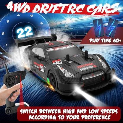 RC Drift Car 1:20 Scale Remote Control Cars 2.4GHz 4WD High Speed RTR Racing Vehicle with LED Lights 2 Rechargeable Batteries and Drifting Tires Racing Sport Toy Car for Adults Kids Boys Girls - color: Black