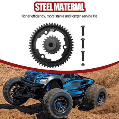 50T M1.0 Spur Gear+18T Pinion Gear Fits for Traxxas 1/10 Maxx 1/5 X-Maxx | Hot Racing Hardened Steel Spur Gear RC Cars Spare Parts Fits Traxxas 1/10 E-REVO 2.0 VXL 1/7 XO-1