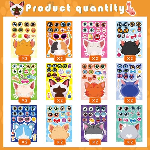 Cats Stickers for Kids, Make a Cat Face Stickers, Animal Stickers | 24 Sheets Make You Own Cats Stickers, Birthday Gift Party Favors Supplies Teacher Art Craft, Games School Activity Reward - style: Cats Stickers