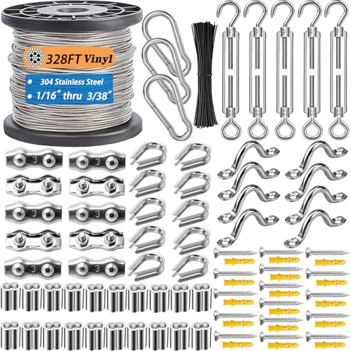 304 Stainless Steel Turnbuckle Kit, 328FT Coated Wire Rope. Heavy Duty & Anti-Rust for Outdoor Hanging, String Lights, Pictures, Decor. Easy Installation, All-Weather Use. - size: 100M-328FT