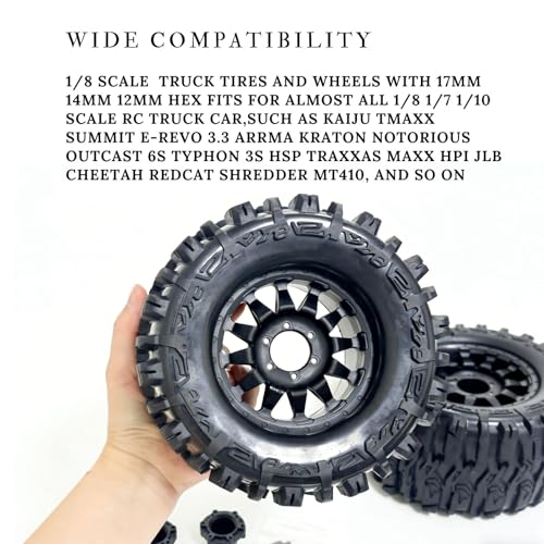 1/7 1/8 RC Monster Truck Tires and Wheels 12mm 14mm 17mm Hex, 6.69" OD Off-Road Tyres for Traxxas Maxx TMaxx Summit E-Revo 3.3 Arrma Kraton Notorious Outcast 6S Typhon 3S (L3)