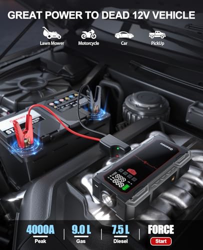 Jump Starter with Air Compressor, 4000A Car Battery Charger Jump Box | Portable 150 PSI Tire Inflator and Battery Jumper, 12V Booster Power Pack(9.0L Gas/7.5L Diesel) with Jumper Cable - color: Black