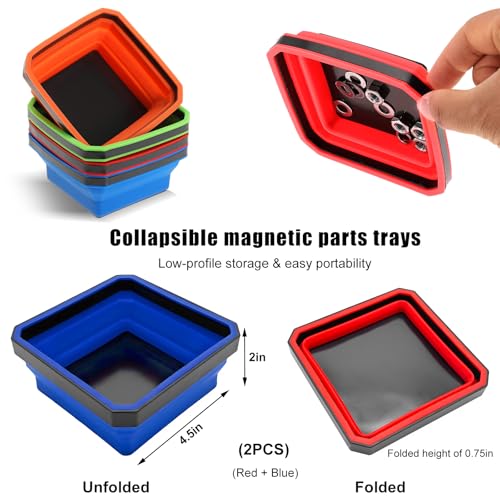 Yourkar, 2 PCS Collapsible Magnetic Parts Tray, 4.5 Inch Foldable Magnetic Square Silicone Tray, Tool Tray Set with Double-Sided Magnetic Base for Screw Bolts Nuts Pins, Car Accessories (Red+Blue) - color: Red+Blue, 2 PCS