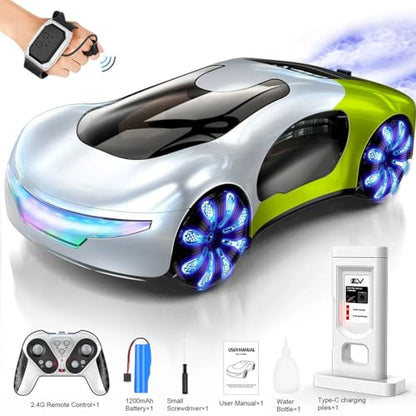 2.4G Gesture Sensing RC Stunt Car, LED Drift Racing Car with Spray Boost, USB Charging Station & Music Effects – 360° Flip Toy Gift (Handle+Watch RC Version) - color: Gradient Green