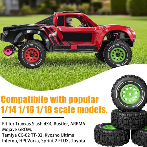 Pre-glued 64mm Wheels &Tires with 12mm Hex for 1/14 Truck, Green | Rubber Tire and Nylon Rim for ARRMA Mojave GROM, HPI, Traxxas Slash, Tamiya, Toyota, WLtoy 1/14 1/16 1/18 RC On/Off-Road Car - color: Green