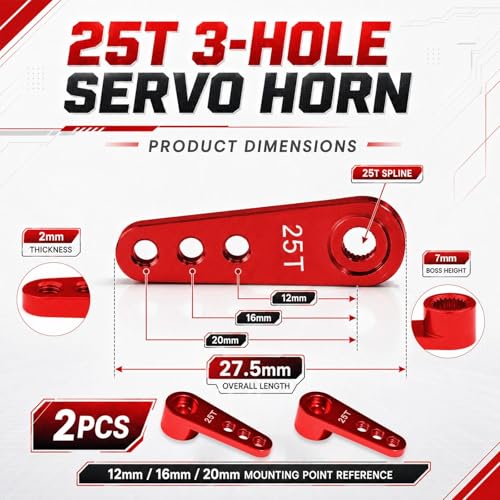 2PCS 25T Aluminum Servo Horn, 3-Hole RC Steering Arm for Futaba Savox MG995 | CNC Aluminum Servo Arm M3 Thread Adjustable Linkage 12mm 16mm 20mm Positions 1/8 1/10 RC Power HD MG996 Crawler Buggy Truck - color: Red
