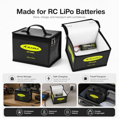 AMORIL Fireproof Explosionproof Large Capacity Battery Storage Guard Pouch for Lipo Charge & Storage (8.46 x 6.5 x 5.71 in),Black