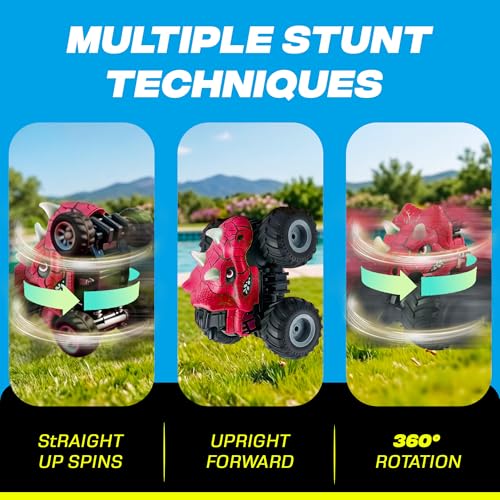 BEZGAR 1:18 Scale Monster Truck Toys, 4WD RC Cars with Music, Mist Spray & LED Light, 360° Stunt Spins RC Truck Dinosaur Toys, Remote Control Car for Boys 4-7(Pink) - color: Pink