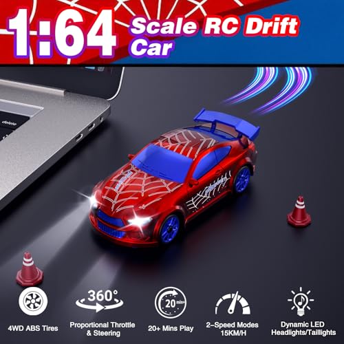 Mini RC Car 1:64 Scale, Remote Control Desktop Car for Kids & Adults | 2.4GHz Spider RC Drift Car with LED Lights & 2 Speeds, Includes 4 Obstacles, Hobby Gift for Boys, Red - color: Red