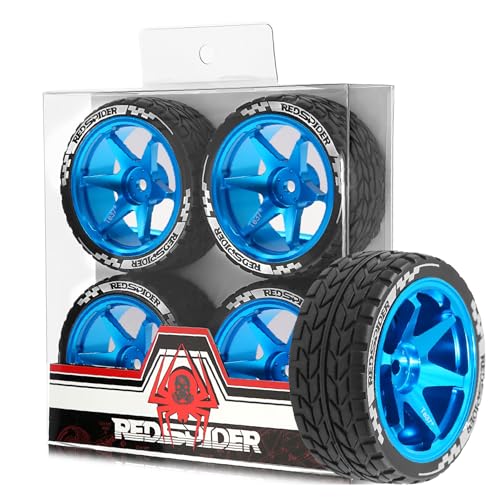 1/10 RC On Road Tires OD 2.55'' and Aluminium Street Wheels 4PCS 12mm Hex Touring Tyres for 1:10 Rally Racing Drift Car Tamiya TT01 TT02 XV01 HPI KYOSHO HSP PTG2 Traxxas TA06 A959 (Blue) - color: Blue