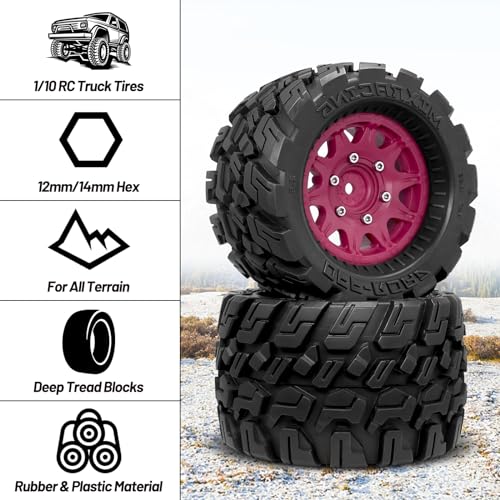 OGRC Wheels and Tires 12mm/14mm Hex RC Truck Tires with Foam Inserts for 1/10 Scale Arrma Granite Axial Losi Redcat Rc4wd RC Monster Truck Buggy (Red) - color: Red