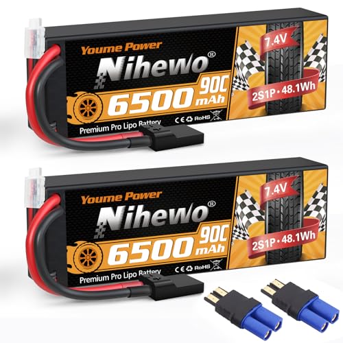 2S Lipo Battery 6500mAh 7.4V RC Battery 90C Hard Case with Tr + EC5 Plug Compatible with RC Car Truck Vehicles Truggy Buggy Boat Airplane Models (2 Packs)