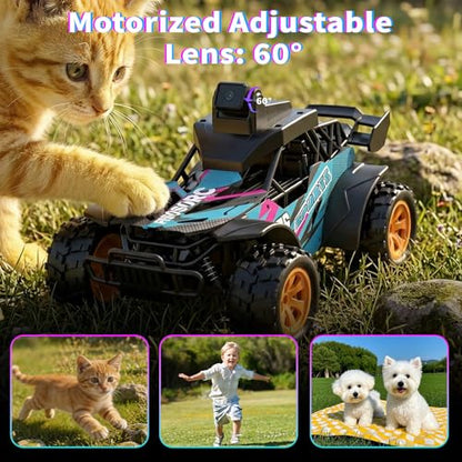 RC Car with Camera, 2.4GHz Remote Control Truck with 2.8”LCD Screen & 60° Adjustable Camera, Live Video, APP/Radio Dual Control, 2 Speeds, Rechargeable Off-Road RC Cars, Gift for Adults and Kids - color: Pink and Blue