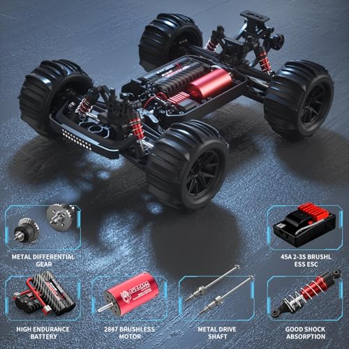 Brushless RC Cars for Adults, 1/16 Scale RC Truck, 55KM/H High Speed Remote Control Car, 2.4GHz 4WD All Terrains Off-Road RC Monster Truck with LED Light and 2 Rechargeable Battery - size: 2 Batteries