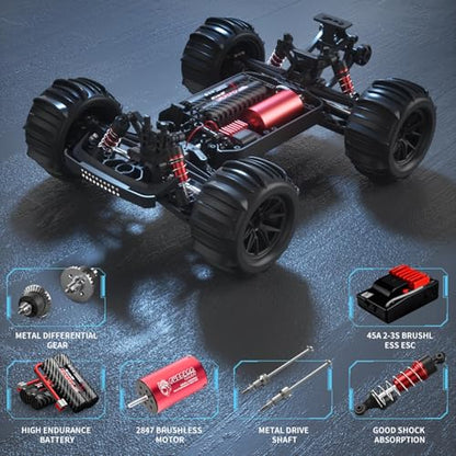 Brushless RC Cars for Adults, 1/16 Scale RC Truck, 55KM/H High Speed Remote Control Car, 2.4GHz 4WD All Terrains Off-Road RC Monster Truck with LED Light and 2 Rechargeable Battery - size: 2 Batteries