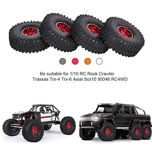 GoolRC 4PCS 1.9 Inch RC Crawler Rubber Tires with Metal Rim for 1/10 RC Rock Crawler Traxxas TRX-4 TRX-6 Axial Scx10 90046 RC4WD RC Car Parts (Red) - color: Red