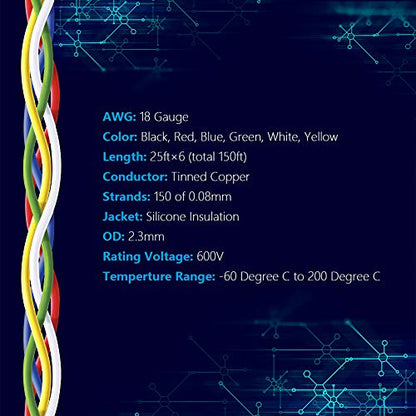 Fermerry 18 AWG Stranded Wire Spool 25ft Each 6 Colors | Flexible 18 Gauge Silicone Hook up Wire Kit Electrical Tinned Copper Wire - size: 25FT, style: 18 AWG-6C