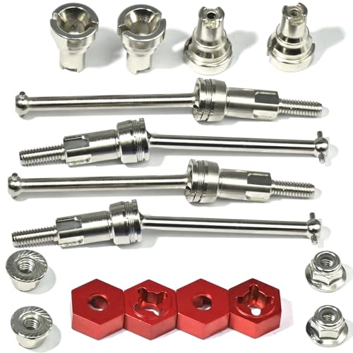 Hardened Steel CVD Drive Shafts Set with Adapters, Nuts, Center Drive Cups, Front Rear Dogbone Driveshaft Axles Upgrades Part for 1/16 Mojave Grom ARA2304, ARA2304S, ARA2104 (Silver,Red) - color: Silver-red