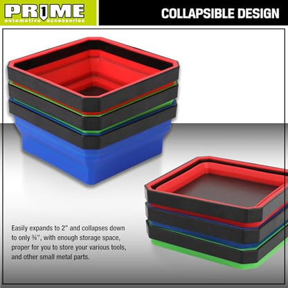PR1ME Collapsible Magnetic Parts Tray Set, Foldable Magnetic Tray, 3 Pieces 4.25 inch Square Silicone Bowls with Magnetic Base Stores and Organizes Small Parts and Tools - size: Basic Trays