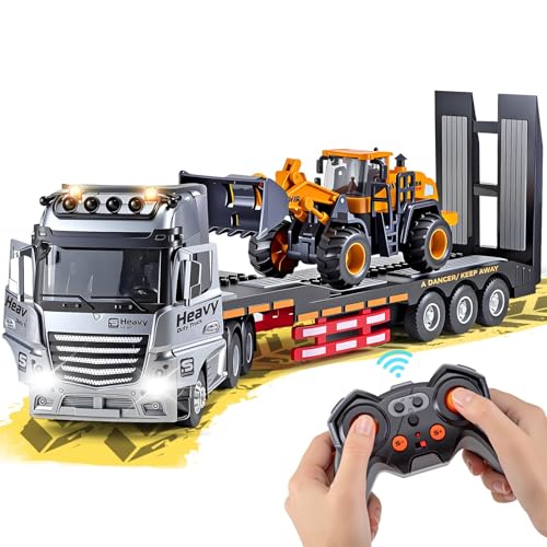 9 Channel RC Semi Truck Metal Cab, 2.4Ghz Remote Control Truck and Trailer | RC Tow Truck Construction Vehicle with Lights and Sounds, Birthday Gift for Kids Boys 14.6"