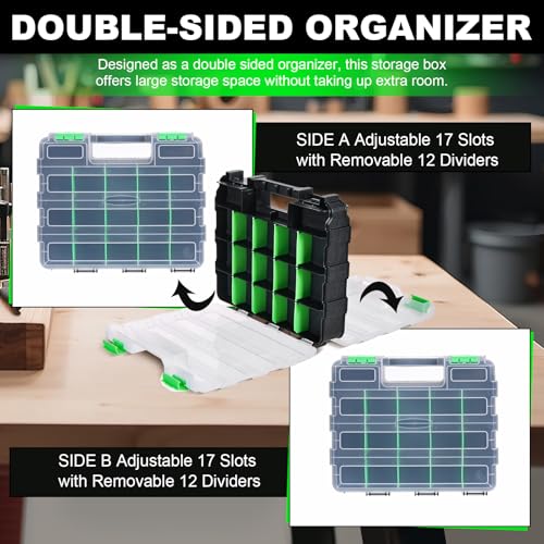 Tool Box with Transparent Lid, 2 Pack Hardware Organizer Box | Double Side 34 Compartments Hardware Organizers with Removable Plastic Dividers for Screws Nuts Nails, Small Parts Box - color: Green