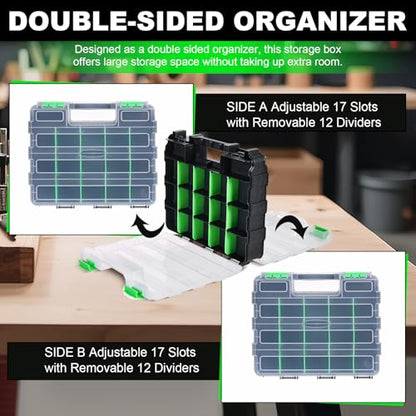 Tool Box with Transparent Lid, 2 Pack Hardware Organizer Box | Double Side 34 Compartments Hardware Organizers with Removable Plastic Dividers for Screws Nuts Nails, Small Parts Box - color: Green