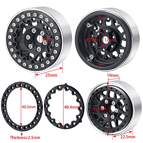 RCLIONS 1.9inch Beadlock Wheels Aluminum Rims for AXIAL SCX10 TRX4 1/10th - color: Black