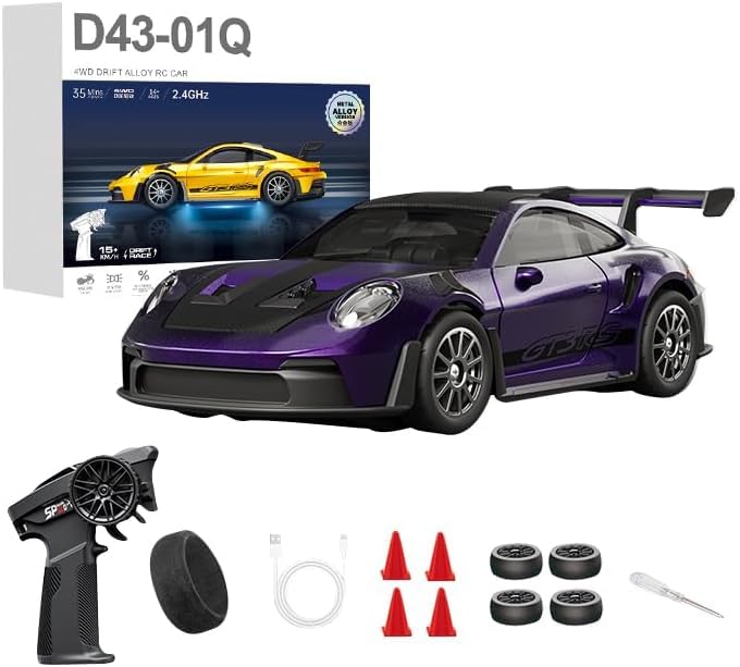 1/43 Scale RC Drift Car, 2.4G Full Proportional 4WD Remote Control Car with Gyro, Adjustable Speed & LED Lights, Alloy RC Vehicle for Adult