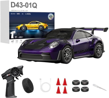1/43 Scale RC Drift Car, 2.4G Full Proportional 4WD Remote Control Car with Gyro, Adjustable Speed & LED Lights, Alloy RC Vehicle for Adult