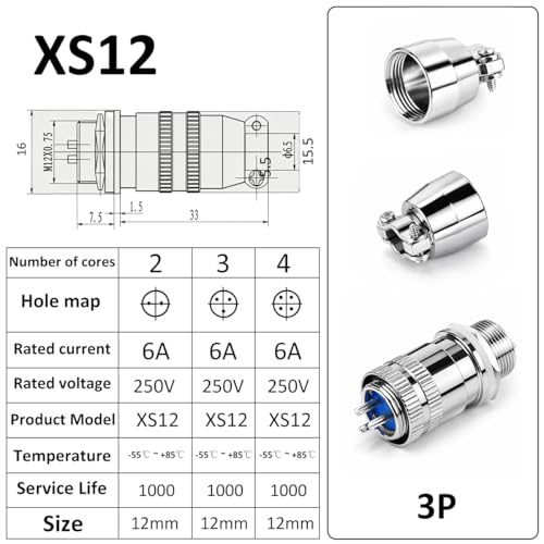 CLYXGS 4 Pack XS12 Aviation Plug Connector, 3 Pin 12mm Push-Pull Circular Connector, 6A 250V Quick Disconnect Wire Cable Male & Female Plug Socket Kit for Industrial, Automotive, and Marine - style: XS12-3