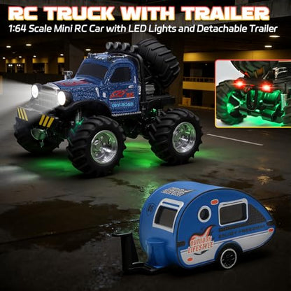 Snugzy Mini RC Car 1:64 Scale RC Truck for Kids with Trailer 2.4Ghz Remote Control Rechargeable RC Cars Toy Gifts for Boys Girls Adult (Blue) - color: Blue