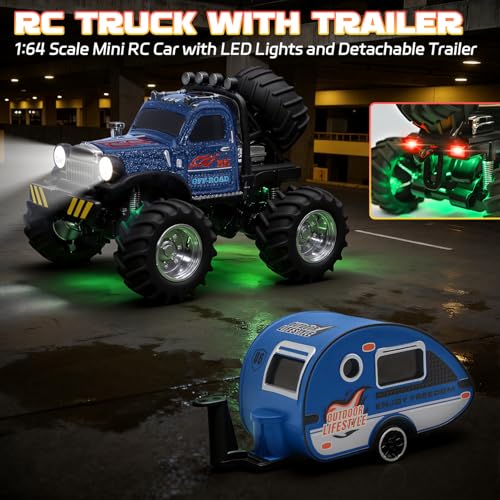 Snugzy Mini RC Car 1:64 Scale RC Truck for Kids with Trailer 2.4Ghz Remote Control Rechargeable RC Cars Toy Gifts for Boys Girls Adult (Blue) - color: Blue