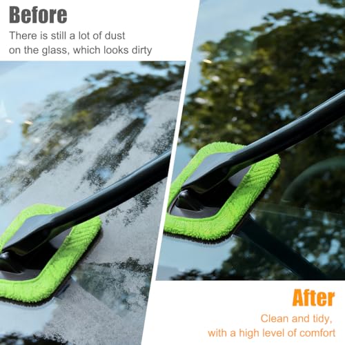 Car Windshield Cleaning Tool, Microfiber Vehicle Window Cleaner with 5 Washable Reusable Cloth Pad & 1 Spray Bottle, Automotive Glass Wiper Cleaning Kit Accessories, Universal Fit (Green) - color: Green