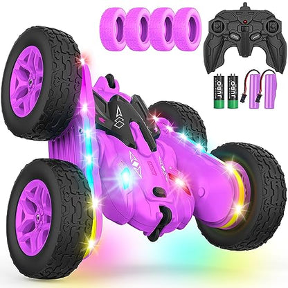 Remote Control Car, Rc Cars Stunt RC Car Toys New Upgraded Strip Lights and Headlights Girl Toys Double-Sided 360° Rotating 4WD Drift Truck for Boys Girls Birthday Gift (Purple) - color: Purple