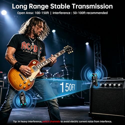 JOYO Wireless Guitar System UHF Transmitter Receiver 6 Channel <2ms Low Latency 150ft Long Range Rechargeable for Guitar Bass 6.35mm Mono Audio Cordless (JW-08)