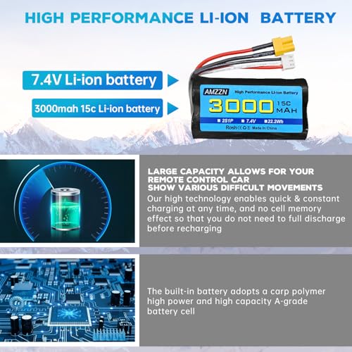 2PCS 7.4V 3000mAh 15C 2S XT-30 Plug Li-ion Battery with 2-in-1 Charger for RC High-Speed Cars, Trucks RC Ship Model Car and Huina Engineering Vehicle Batteries