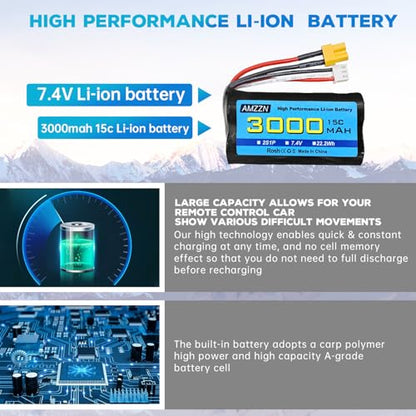 2PCS 7.4V 3000mAh 15C 2S XT-30 Plug Li-ion Battery with 2-in-1 Charger for RC High-Speed Cars, Trucks RC Ship Model Car and Huina Engineering Vehicle Batteries