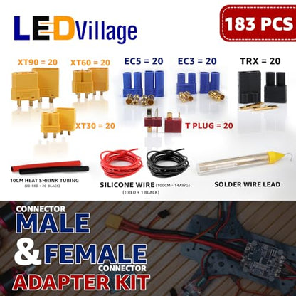 183pcs T-Plug / XT30 / XT60 / XT90 / EC3 / EC5 / TRX Male & Female Plug Adapter Connectors Kit 14 AWG Silicone Wire and Heat Shrink Tubing for RC Lipo Battery ESC Motor - color: 183