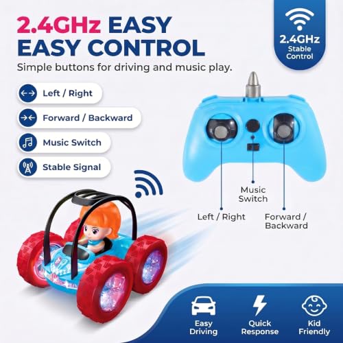 4WD RC Stunt Car for Kids Ages 3+, Blue Car with Girl | LED lights, built-in music, 360° spins, 180° flips, 2.4GHz remote, solid tires, indoor outdoor play - color: Blue