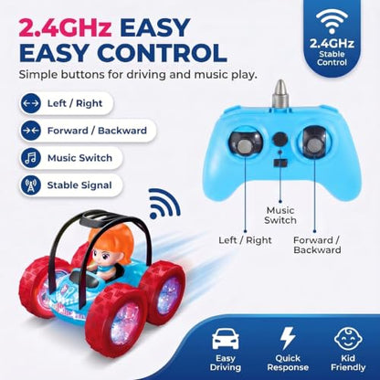 4WD RC Stunt Car for Kids Ages 3+, Blue Car with Girl | LED lights, built-in music, 360° spins, 180° flips, 2.4GHz remote, solid tires, indoor outdoor play - color: Blue