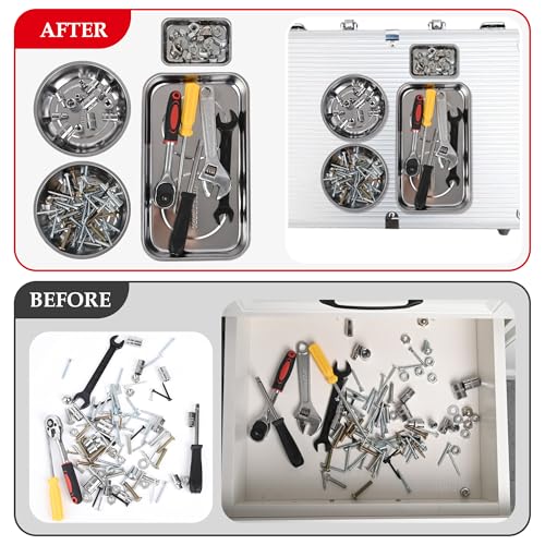 TOOLEAGUE 4Pcs Magnetic Tray Set with 15Lb Magnetic Pickup Pen,Stainless Steel Trays with Extra Strong Magnets for Organizing and Retrieving Metal Parts