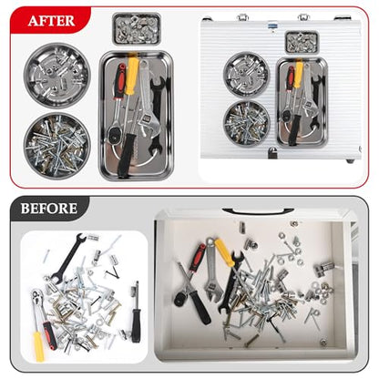 TOOLEAGUE 4Pcs Magnetic Tray Set with 15Lb Magnetic Pickup Pen,Stainless Steel Trays with Extra Strong Magnets for Organizing and Retrieving Metal Parts