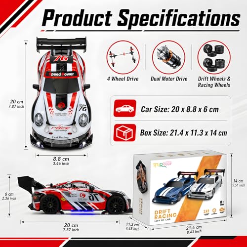HTURCCOP RC Drift Car 1:24 2.4GHz with LED Light, Race Car Toys for Boy Girl 8-12 Years Old, Speed Adjustable 25Km/H,High Speed RC Racing Cars Perfect Toy Gift for Boys & Girls - color: Red