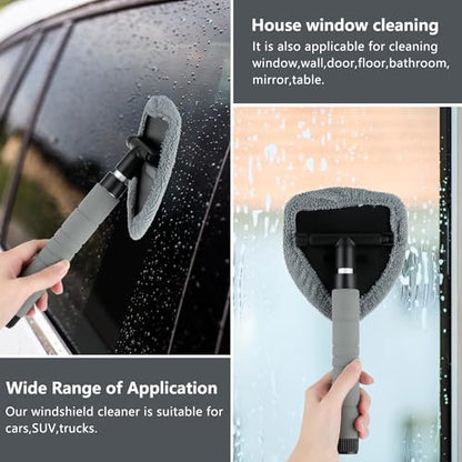 8 Pcs Car Window Cleaner Kit Triangle Shape Include Windshield Cleaning Tool with Extendable Handle 5 Microfiber Bonnets 1 Car Ventilation Brush 1 Empty 50ml Spray Bottle Glass Wiper Kits, Grey - color: Grey