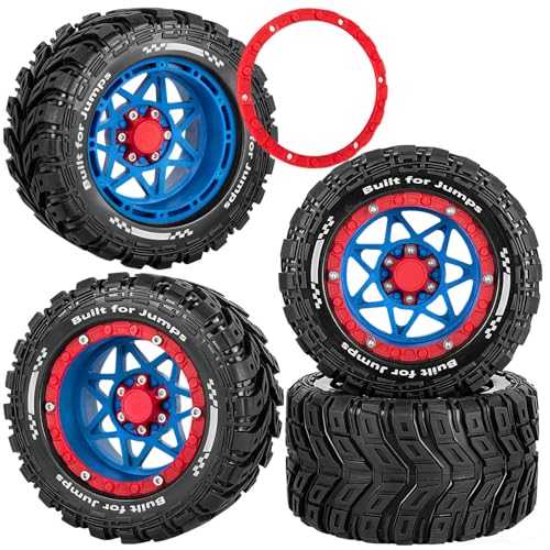 RC Truck Wheel and Tires for 1/16 SUMMIT E-REVO GORGON GROM MINI KRATON M-J-X H-B-X S-C-Y RC Car,Monster Truck Car Wheel Tires w/Plastic Wheels Rim,Soft Tire Highway Wheels (4PCS),Navy Blue Red - color: Navy Blue-red(rc Wheels Tires)